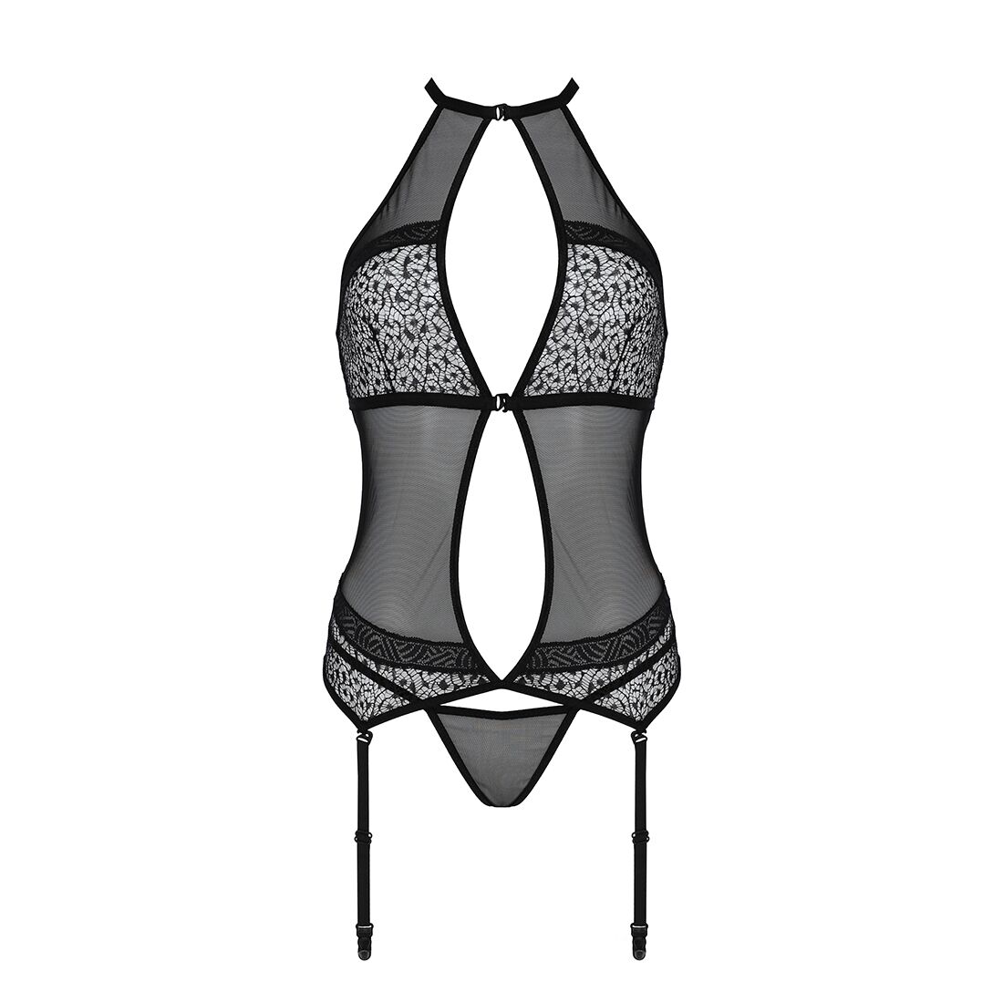 Корсет з пажами Passion SATARA CORSET S/M black, стрінги, мереживо, застібки спереду та ззаду
