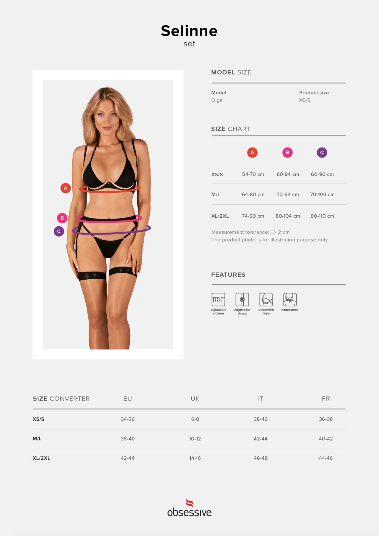 Комплект білизни Obsessive Selinne 3-pcs set XS/S Black, бюстгальтер, стрінги пояс для панчіх