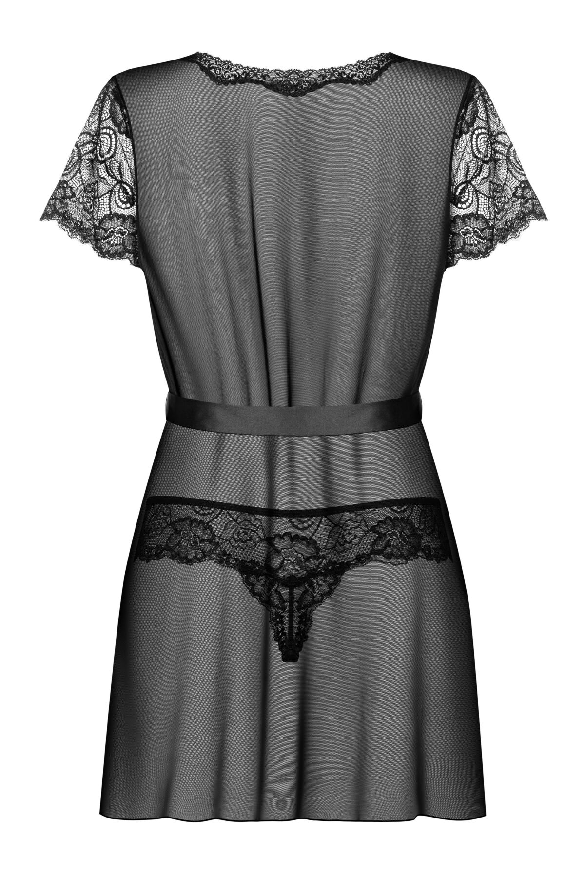 Пеньюар Obsessive Alluria peignoir & thong, S/M, прозорий, з мереживом, пояс, трусики в комплекті
