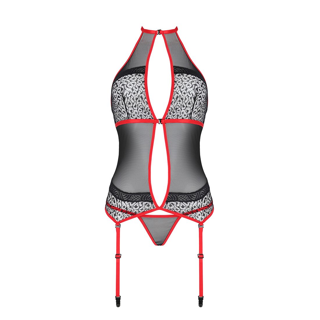 Корсет з пажами Passion SATARA CORSET L/XL red, стрінги, мереживо, застібки спереду та ззаду
