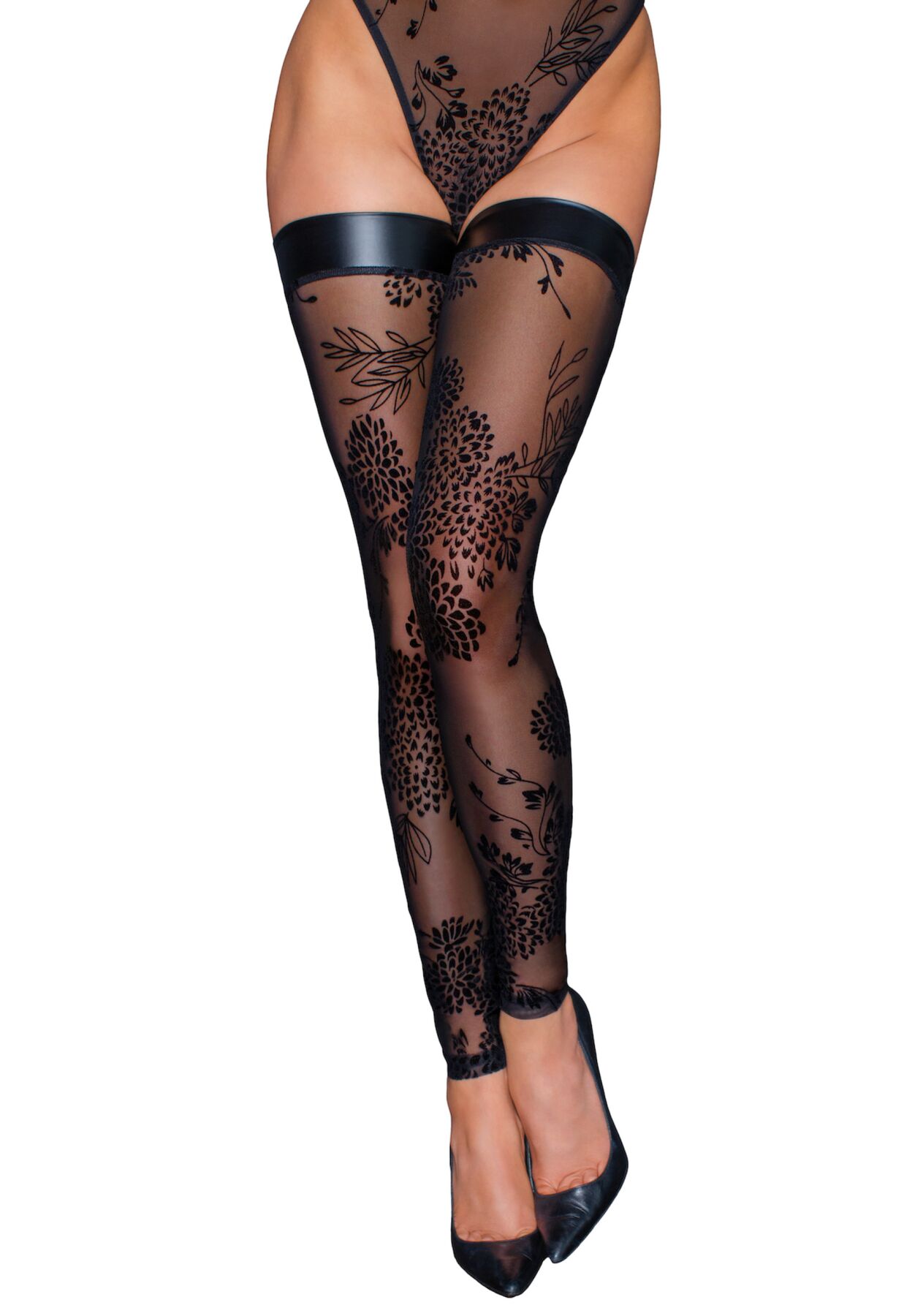 Панчохи без миска Noir Handmade F243 Tulle stockings with patterned flock embroidery, M