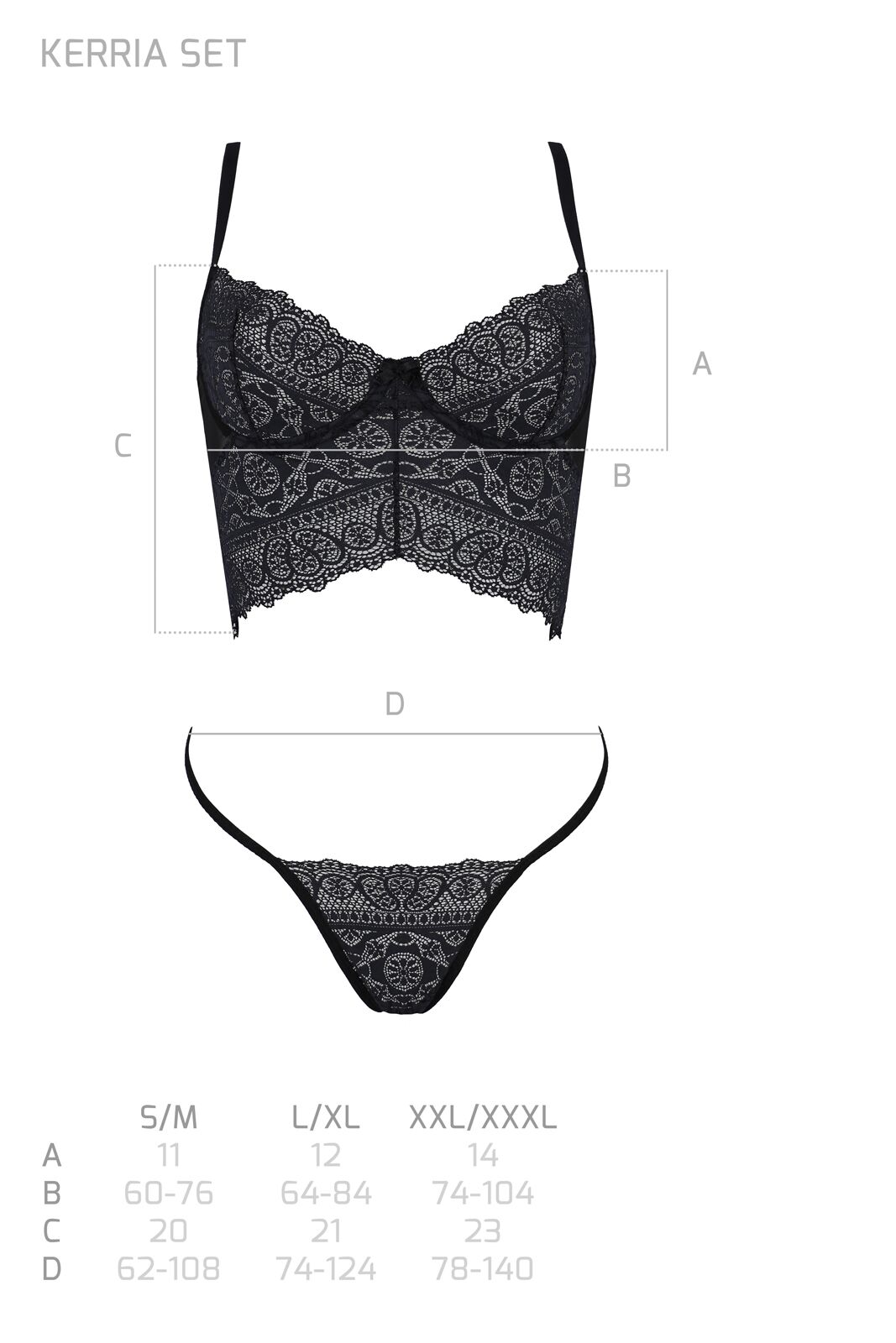 Комплект Passion KERRIA SET black, S/M, сітка+мереживо, бюстьє та стрінги