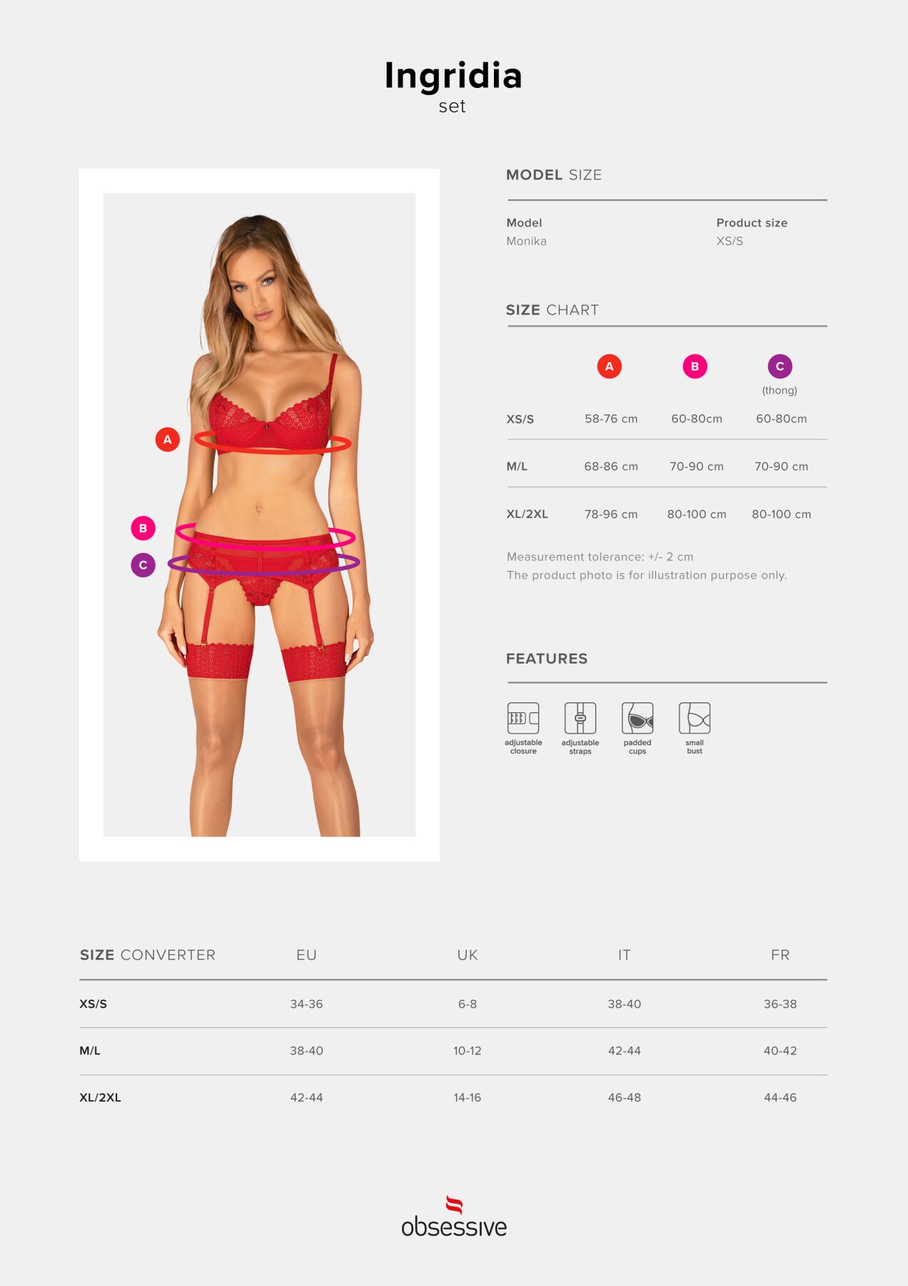 Комплект Obsessive Ingridia 3-pcs set XL/2XL, червоний, бюстгальтер, стрінги, пояс