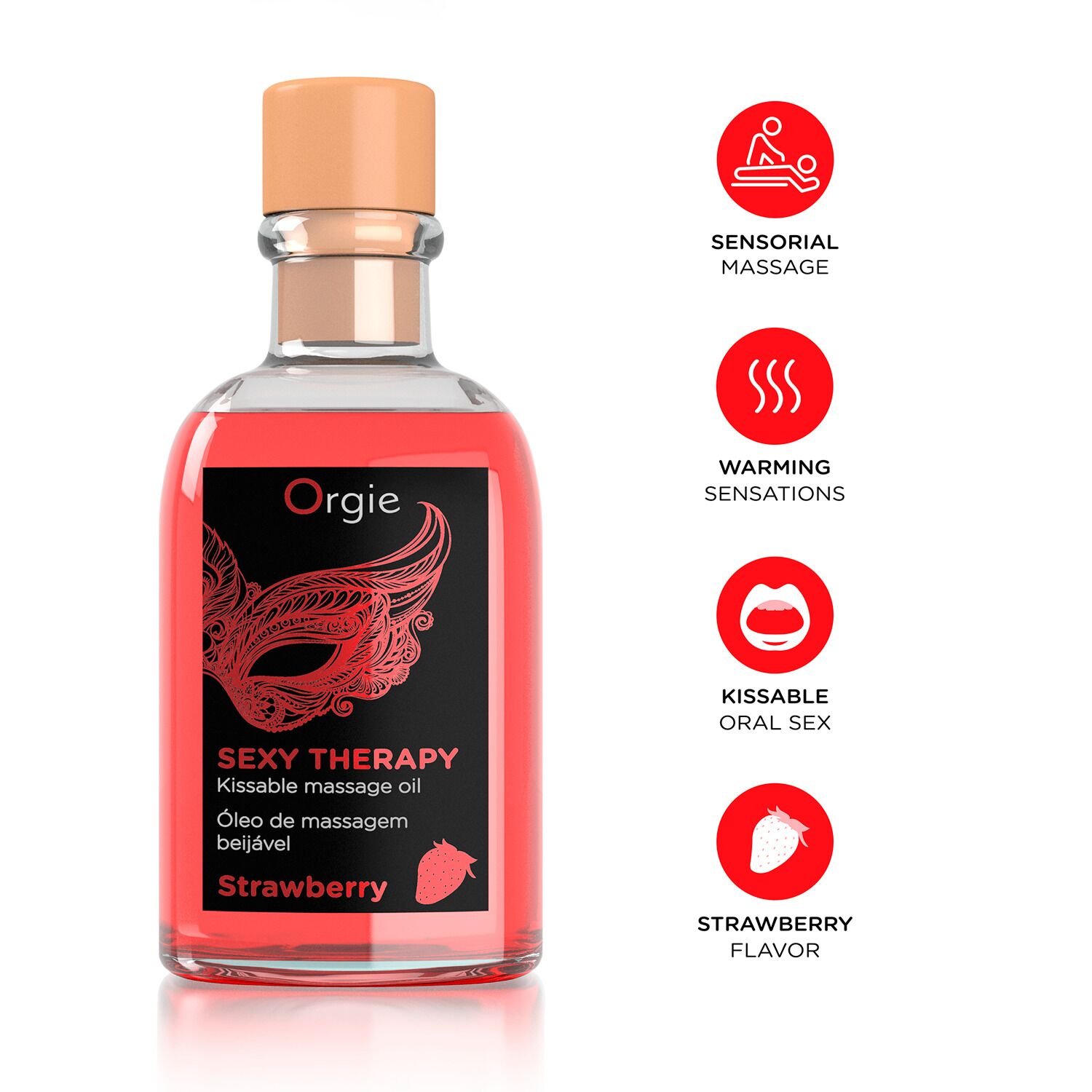 Набір для масажу Orgie – Sexy Therapy Strawberry (100 мл), їстівна розігрівальна олія + пір’їнка