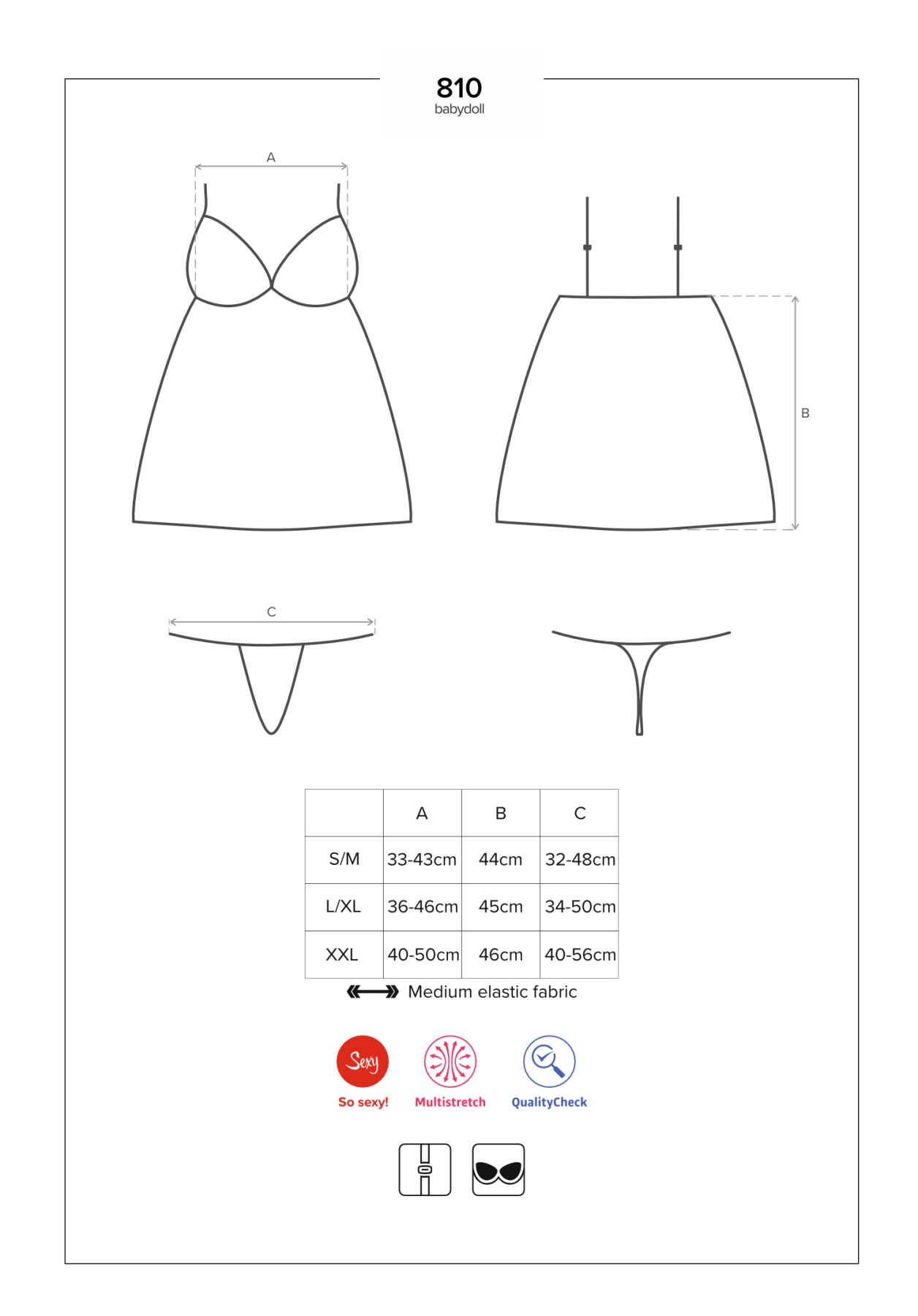 Сатиновий пеньюар із мереживом Obsessive 810-BAB-2 babydoll & thong S/M, білий, пеньюар, танга