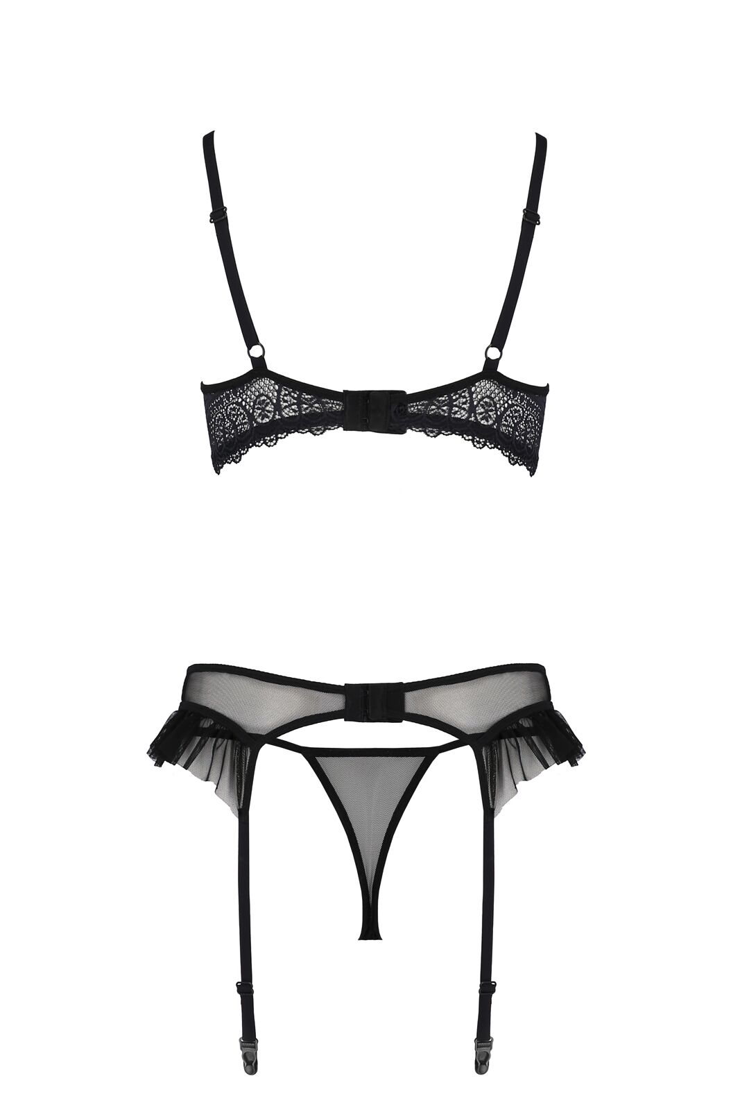 Комплект Passion KERRIA SET WITH OPEN BRA black, L/XL, бюстгальтер з відкритою чашкою, стрінги, пояс для панчіх