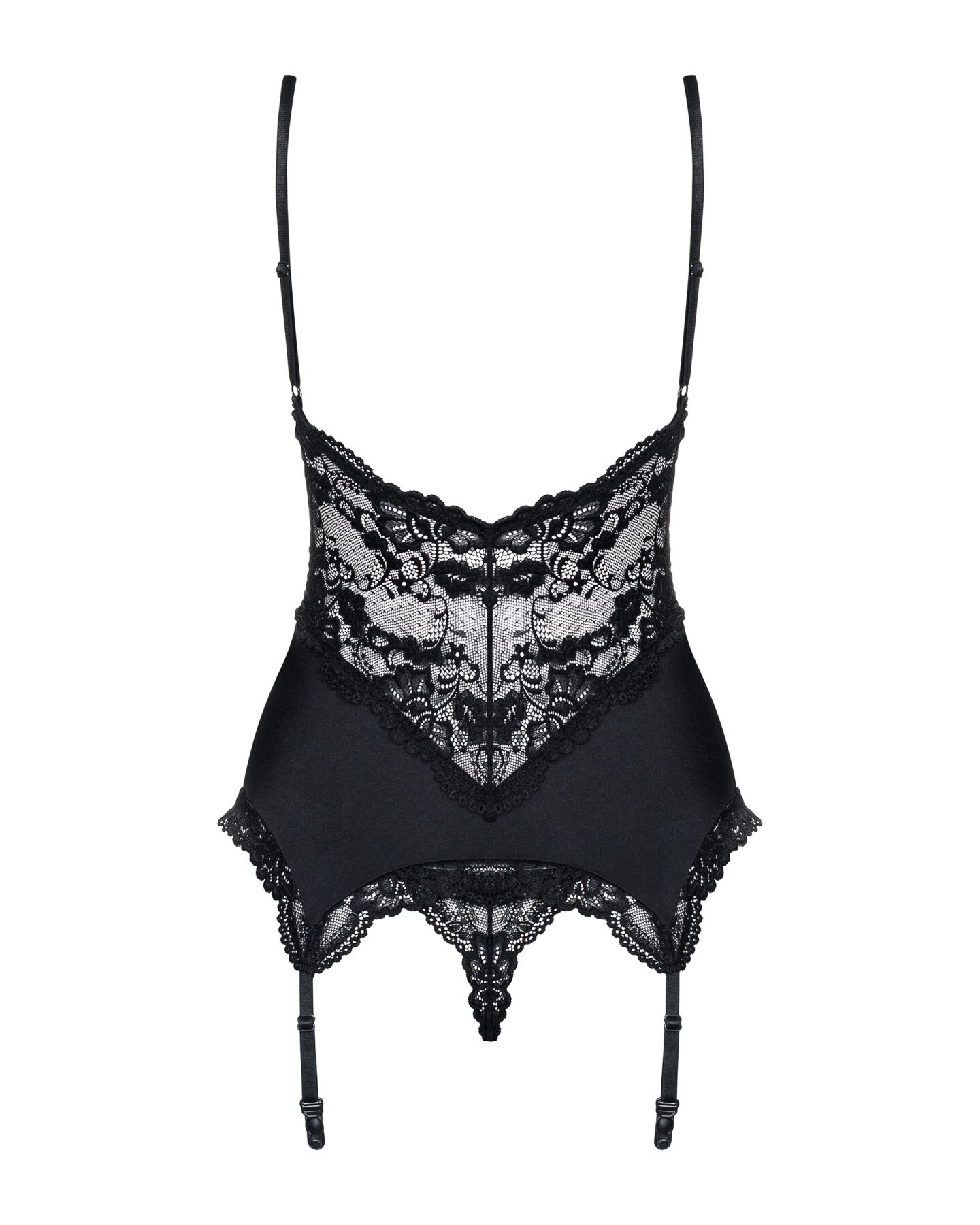Сатиновий мереживний корсет Obsessive 810-COR-1 babydoll & thong S/M, чорний, корсет, танга