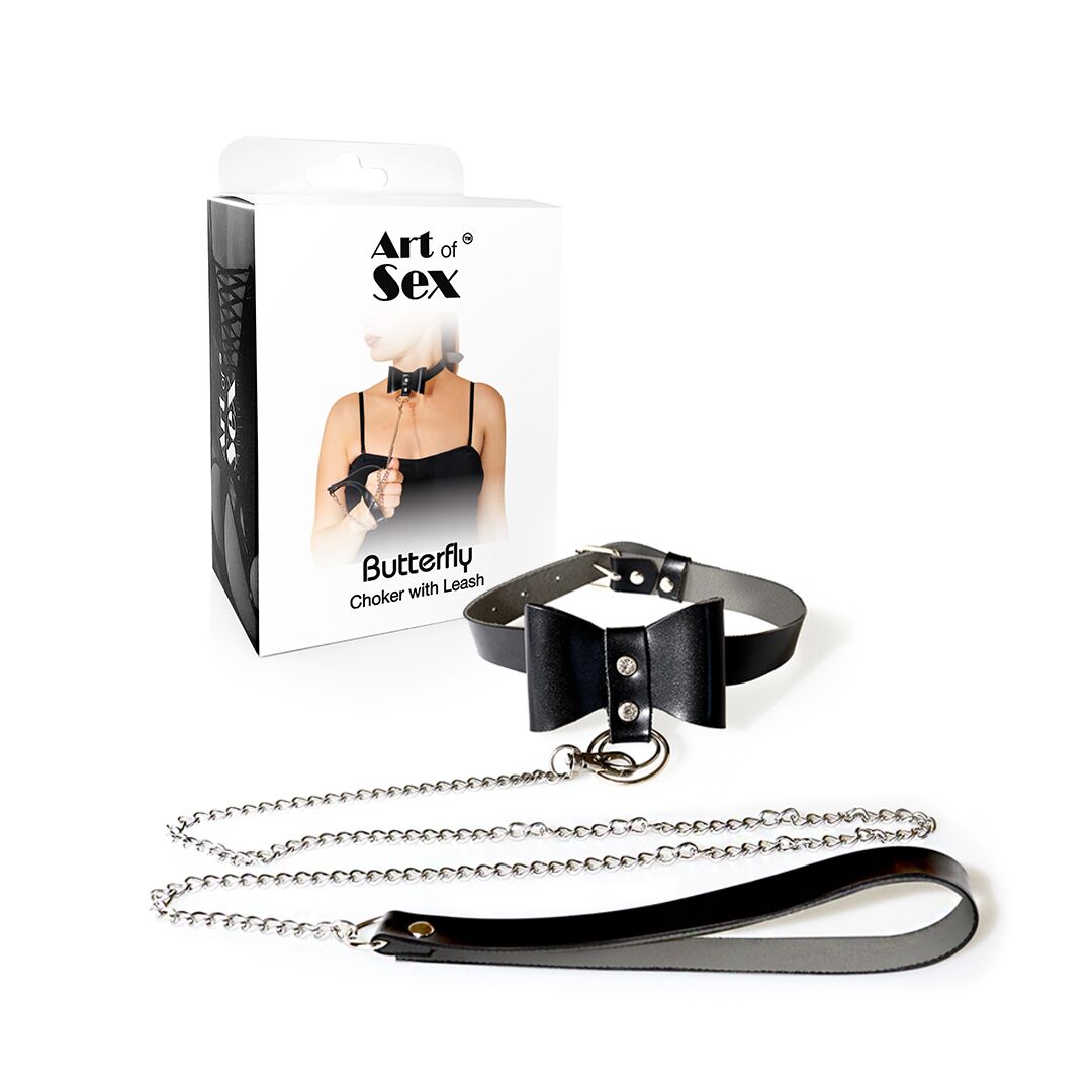 Чокер з повідцем Art of Sex - Butterfly чорний, екошкіра