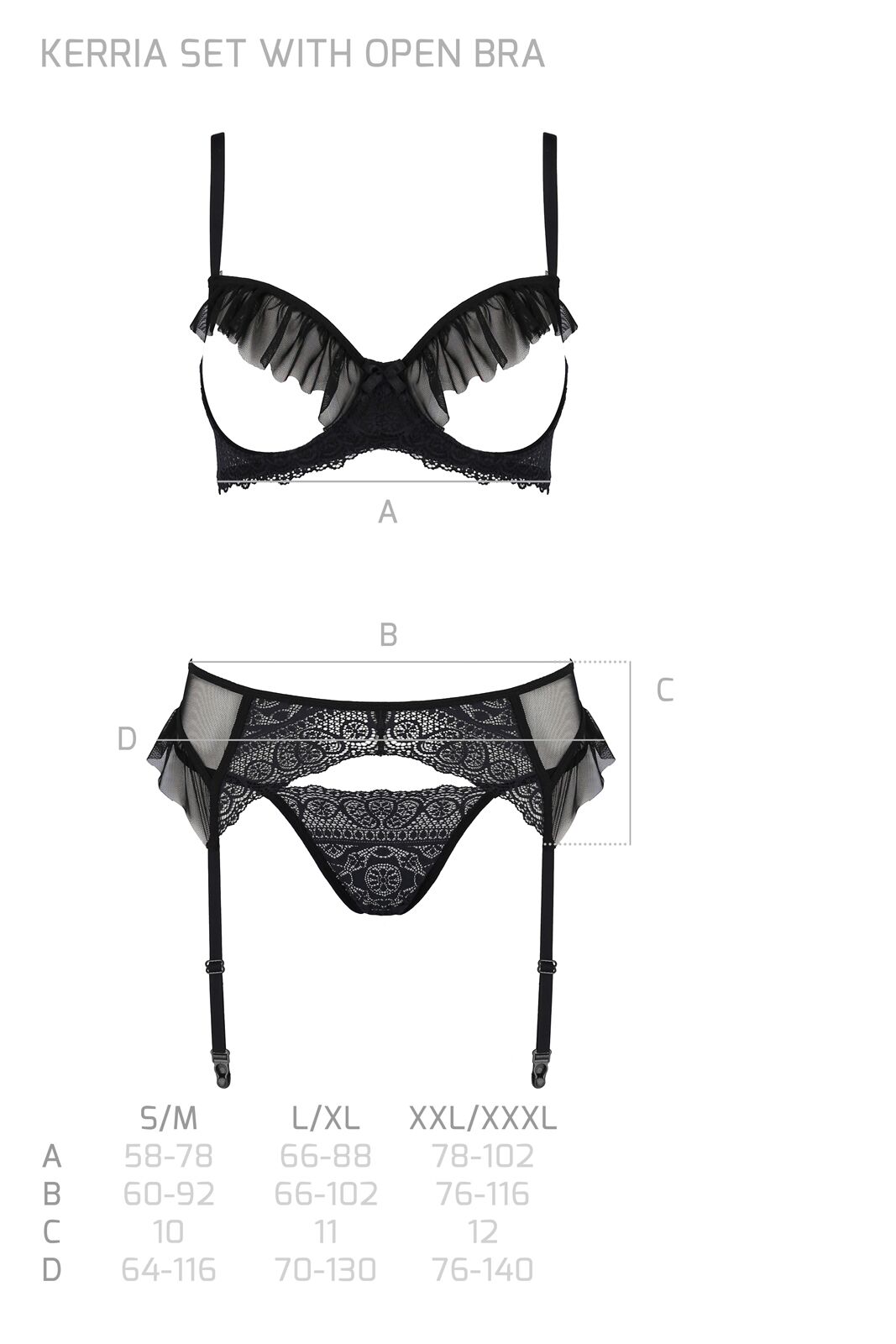Комплект Passion KERRIA SET WITH OPEN BRA black, XXL/XXXL, бюстгальтер з відкритою чашкою, стрінги, пояс для панчіх