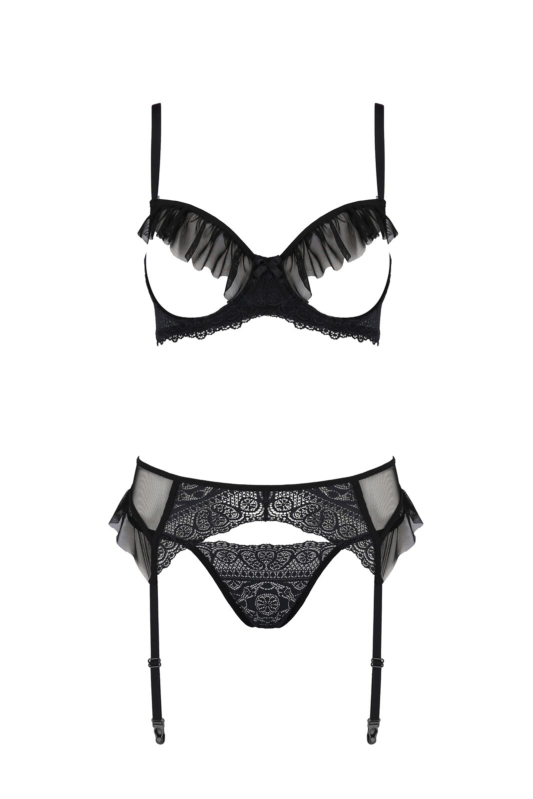 Комплект Passion KERRIA SET WITH OPEN BRA black, XXL/XXXL, бюстгальтер з відкритою чашкою, стрінги, пояс для панчіх