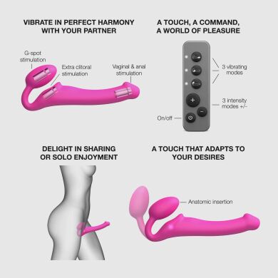 Безремневой страпон с вибрацией Strap-On-Me Vibrating Fuchsia M, диаметр 3,8 см, пульт ДУ, регулируемый