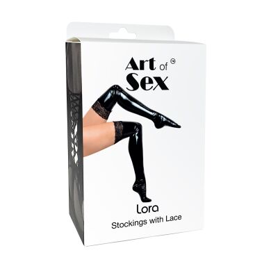 Сексуальные виниловые чулки Art of Sex - Lora с кружевом, размер S, с эффектом голограммы